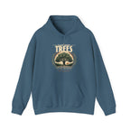 Blue unisex pullover hoodie with “Plant More Trees” tree graphic and front pocket