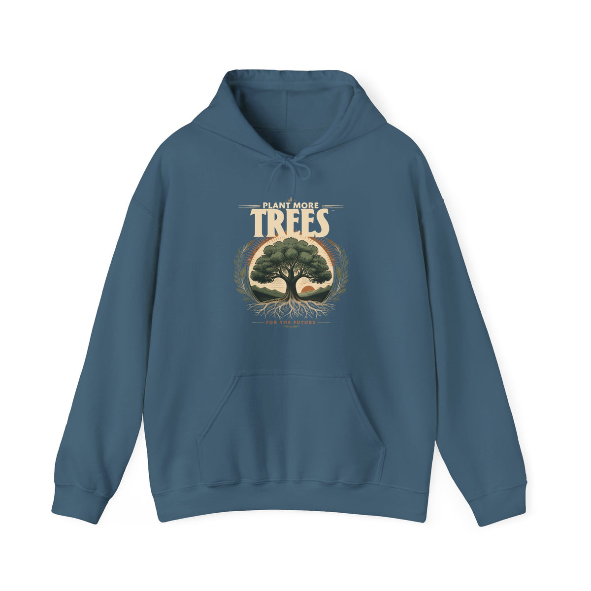 Blue unisex pullover hoodie with “Plant More Trees” tree graphic and front pocket