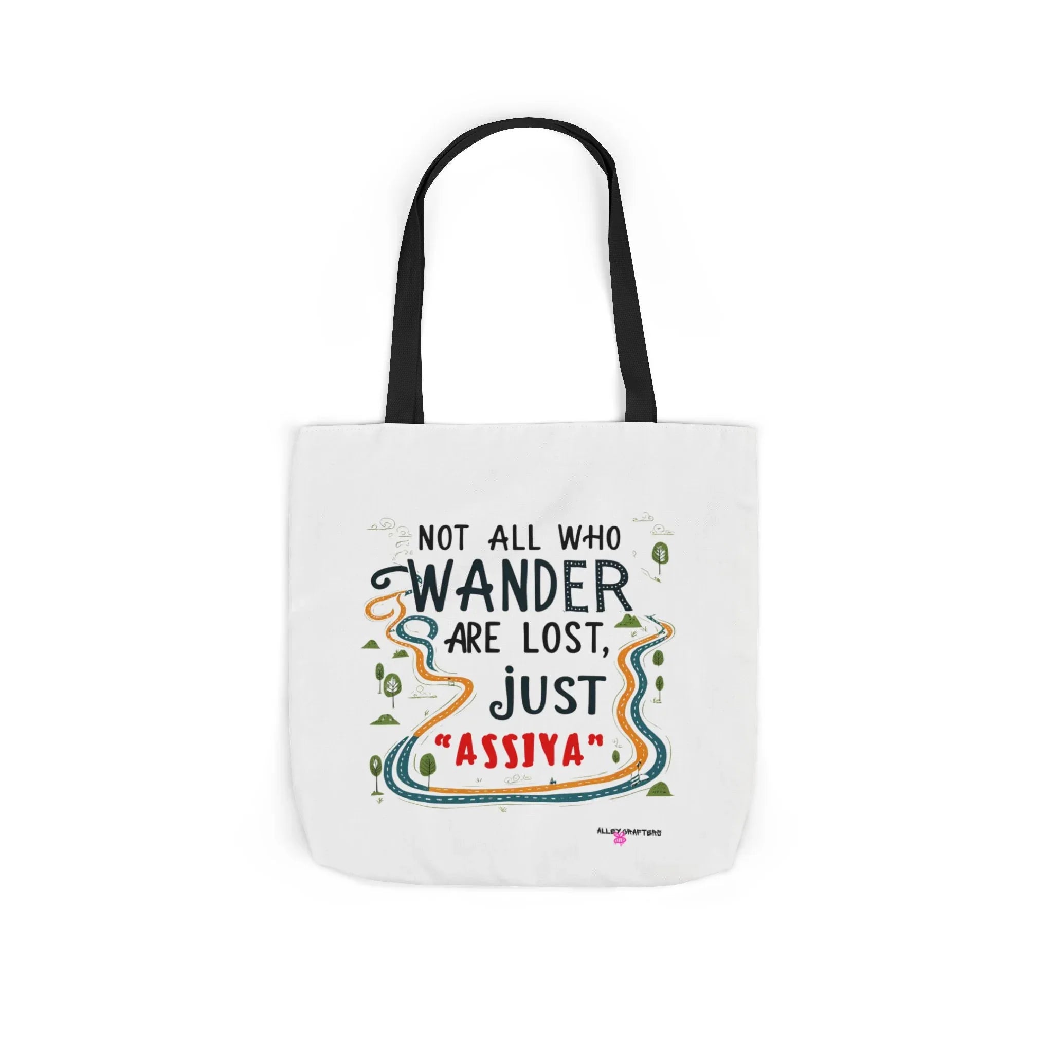 White tote bag with black handles and colorful quote graphic
