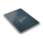 Dark teal A5 spiral notebook with sailboat illustration and thin-lined cover details