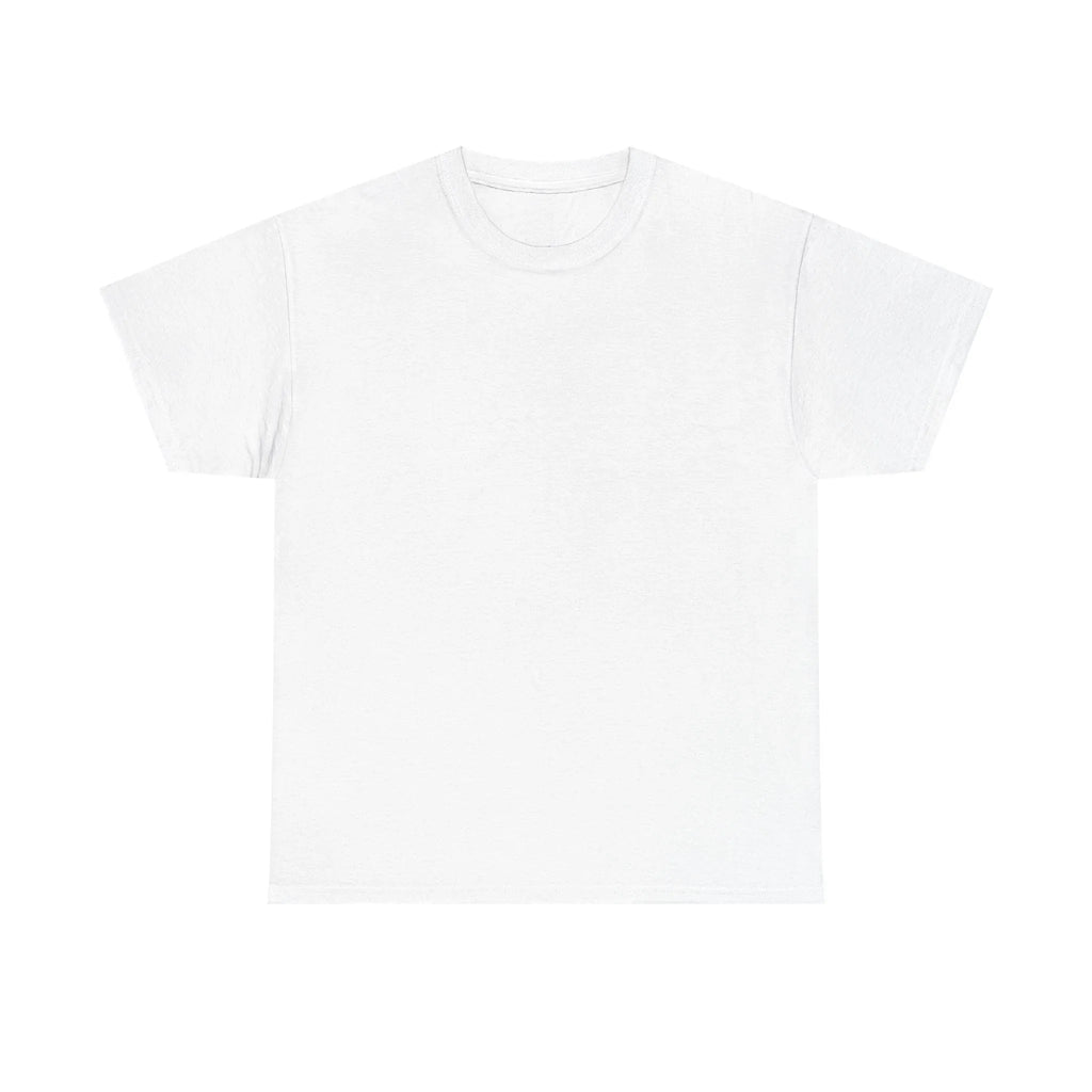 White heavy cotton T-shirt with crew neck and short sleeves, unisex fit.