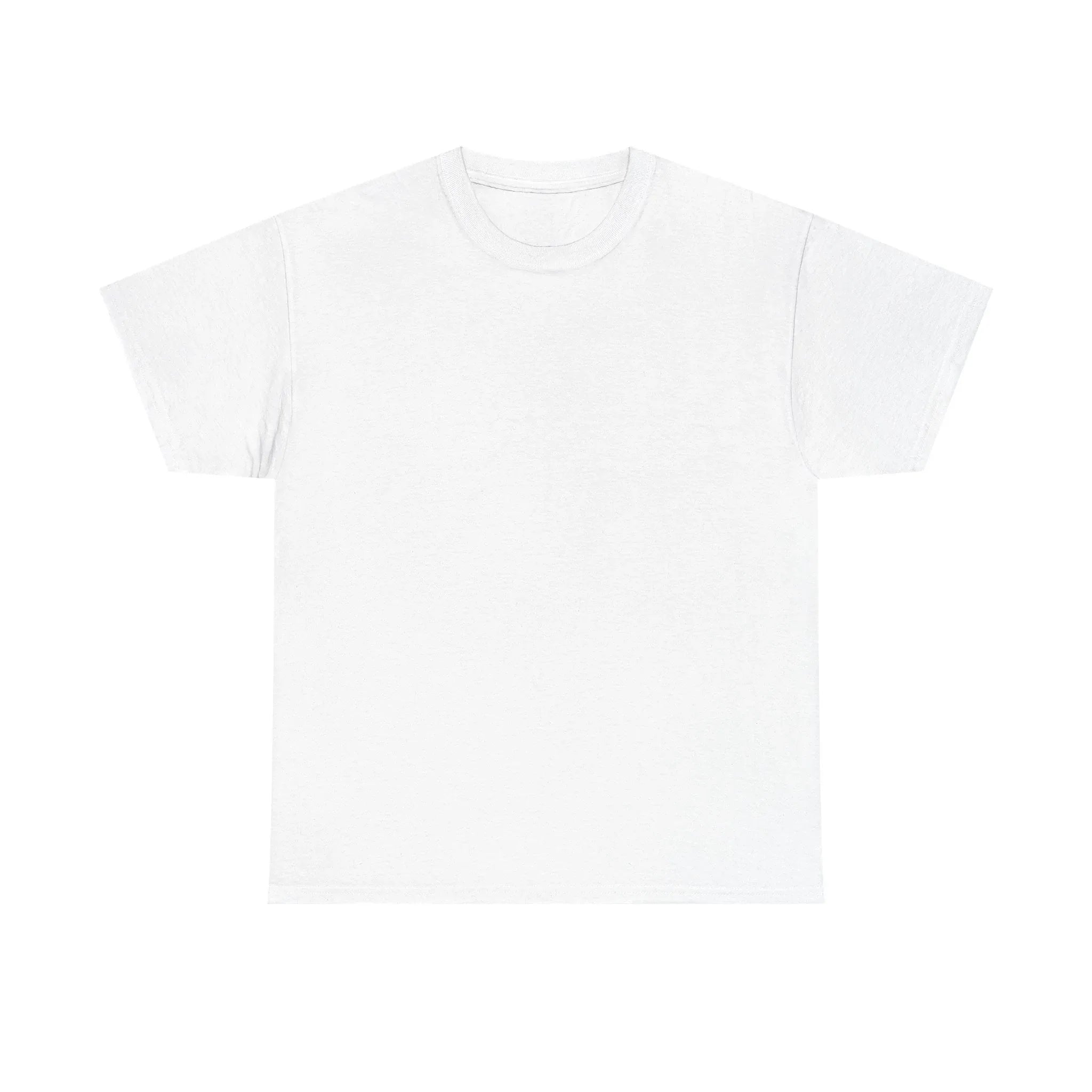 White heavy cotton T-shirt with crew neck and short sleeves, unisex fit.