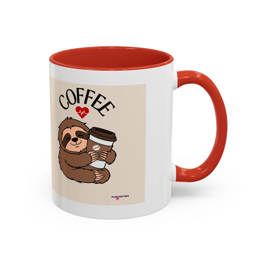White coffee mug with red interior and handle, 'COFFEE' text above sloth holding cup