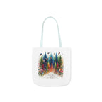 White tote bag with light blue handles, colorful forest and birds print with Nature Trust logo