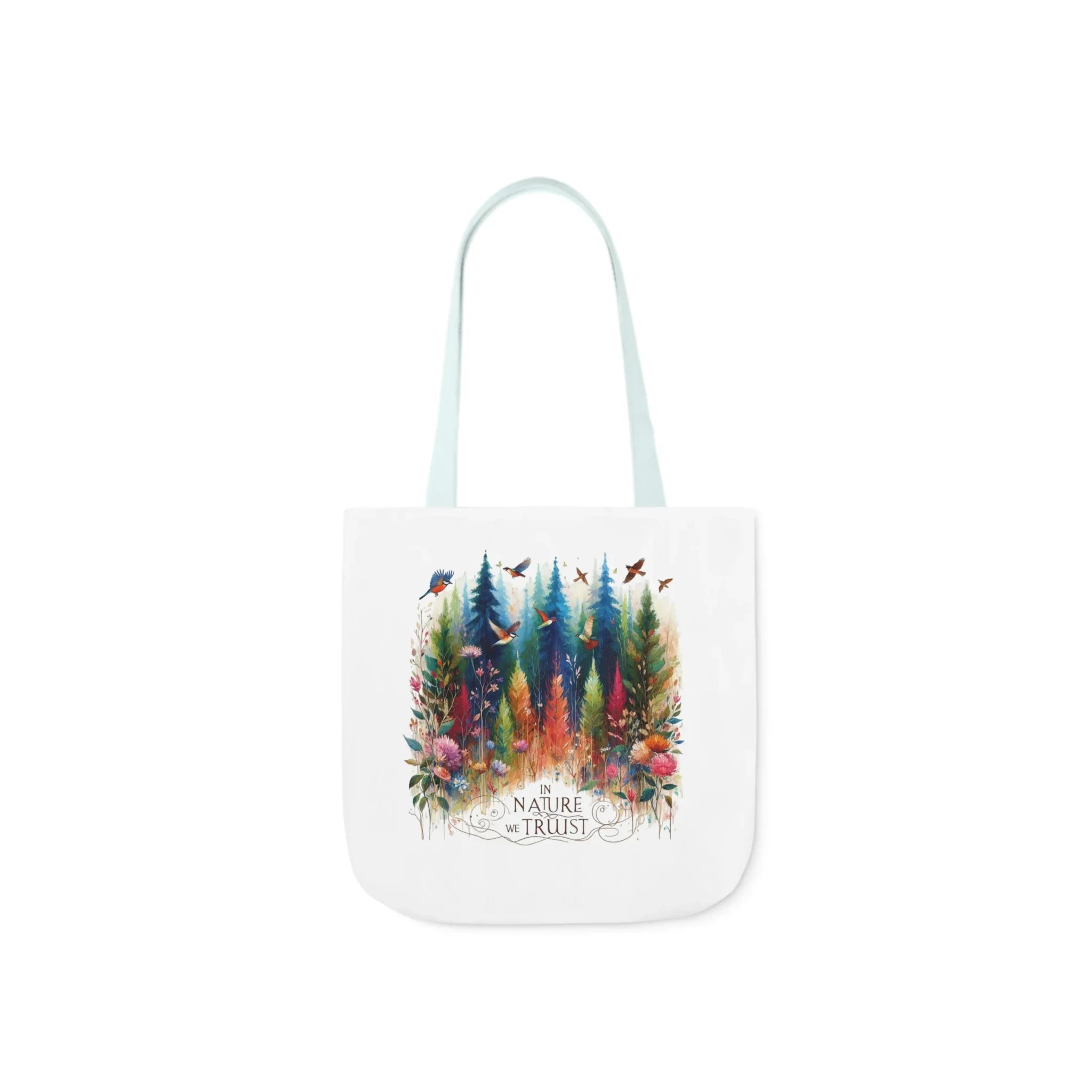 White tote bag with light blue handles, colorful forest and birds print with Nature Trust logo