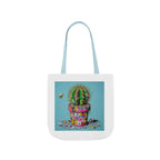 Tote bag with cactus artwork, white body, light blue handles