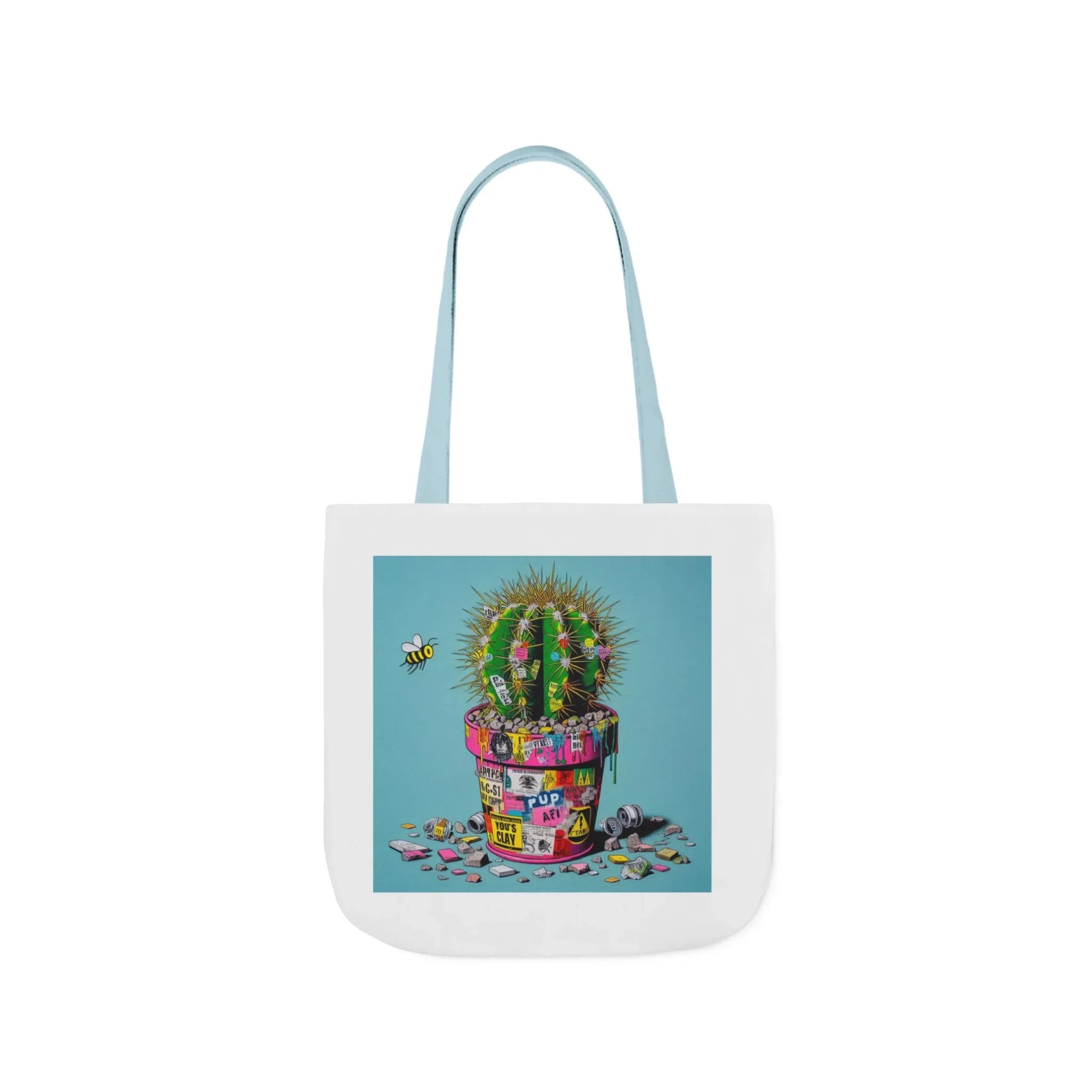 Tote bag with cactus artwork, white body, light blue handles