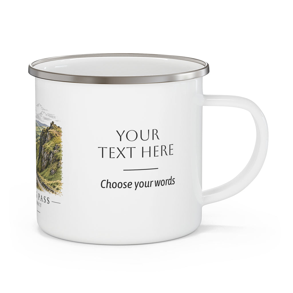 White enamel mug with silver rim, customizable text: YOUR TEXT HERE and Choose your words.
