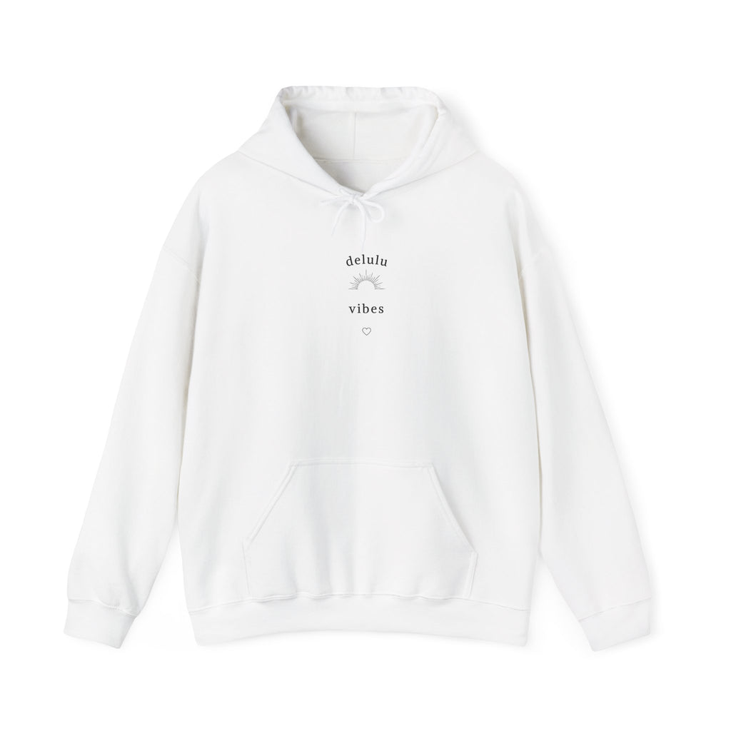 White hoodie with “delulu vibes” graphic at chest, pullover style, front pocket.