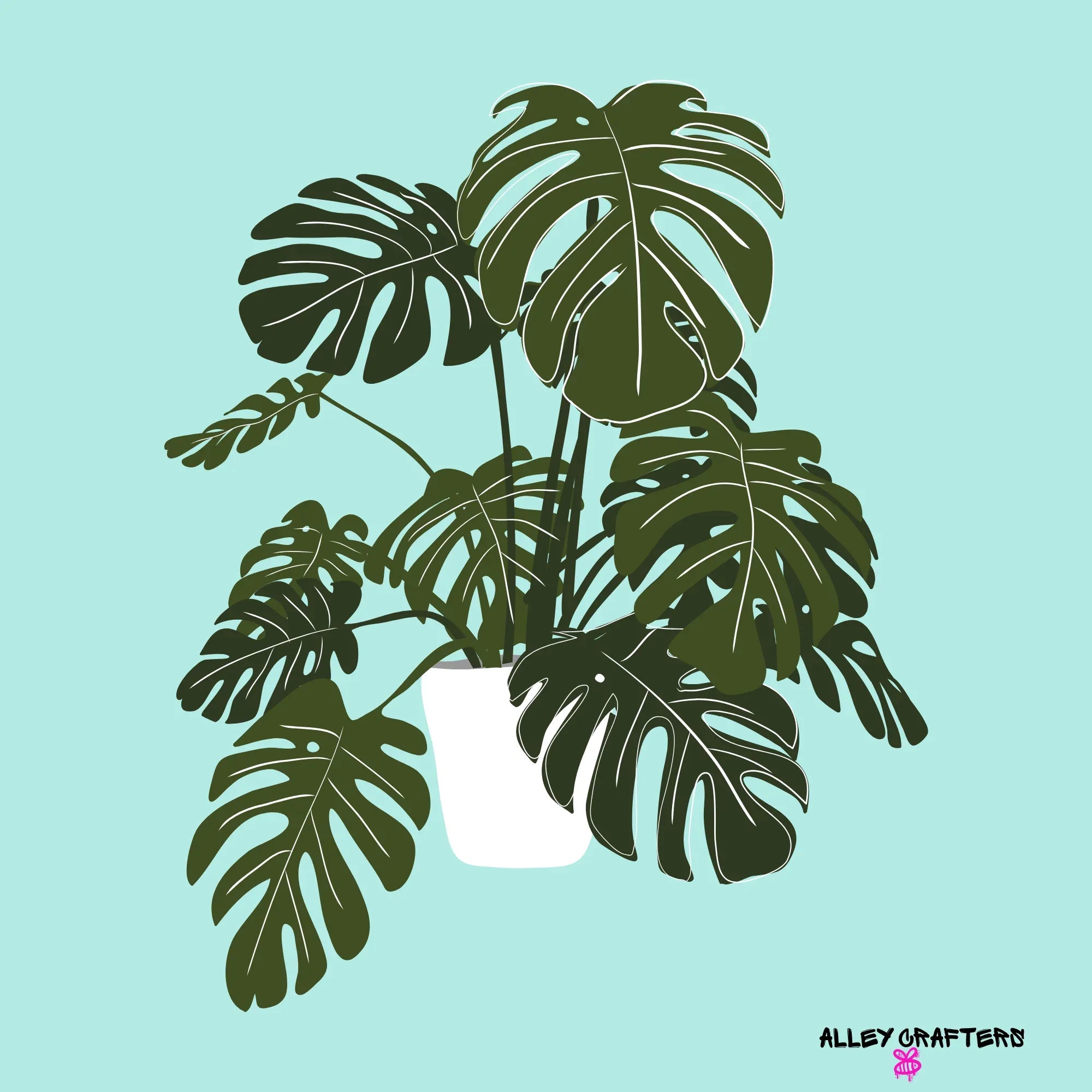 Green monstera leaf graphic on light teal background, with bold leaf shapes