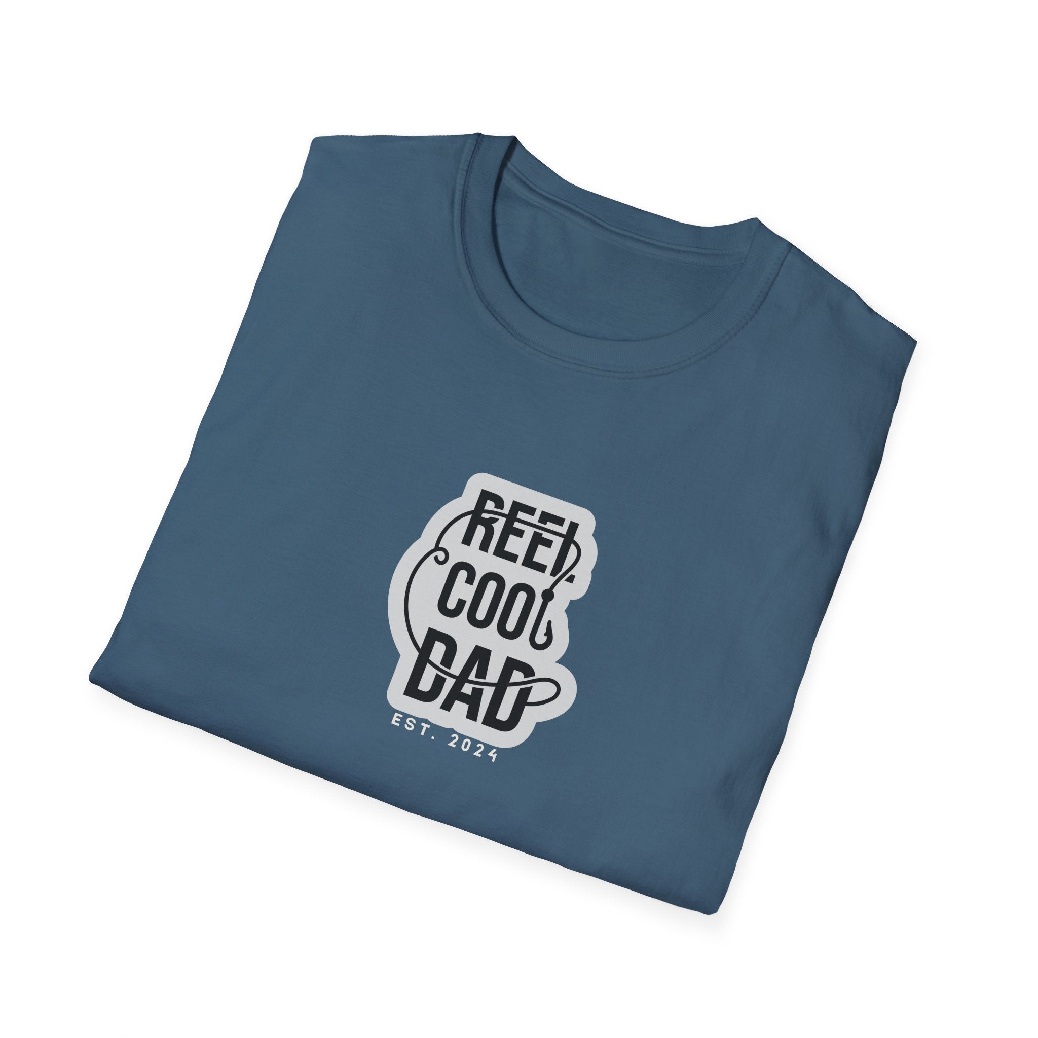Folded navy crewneck graphic T-shirt with Reel Cool Dad logo and EST. 2024