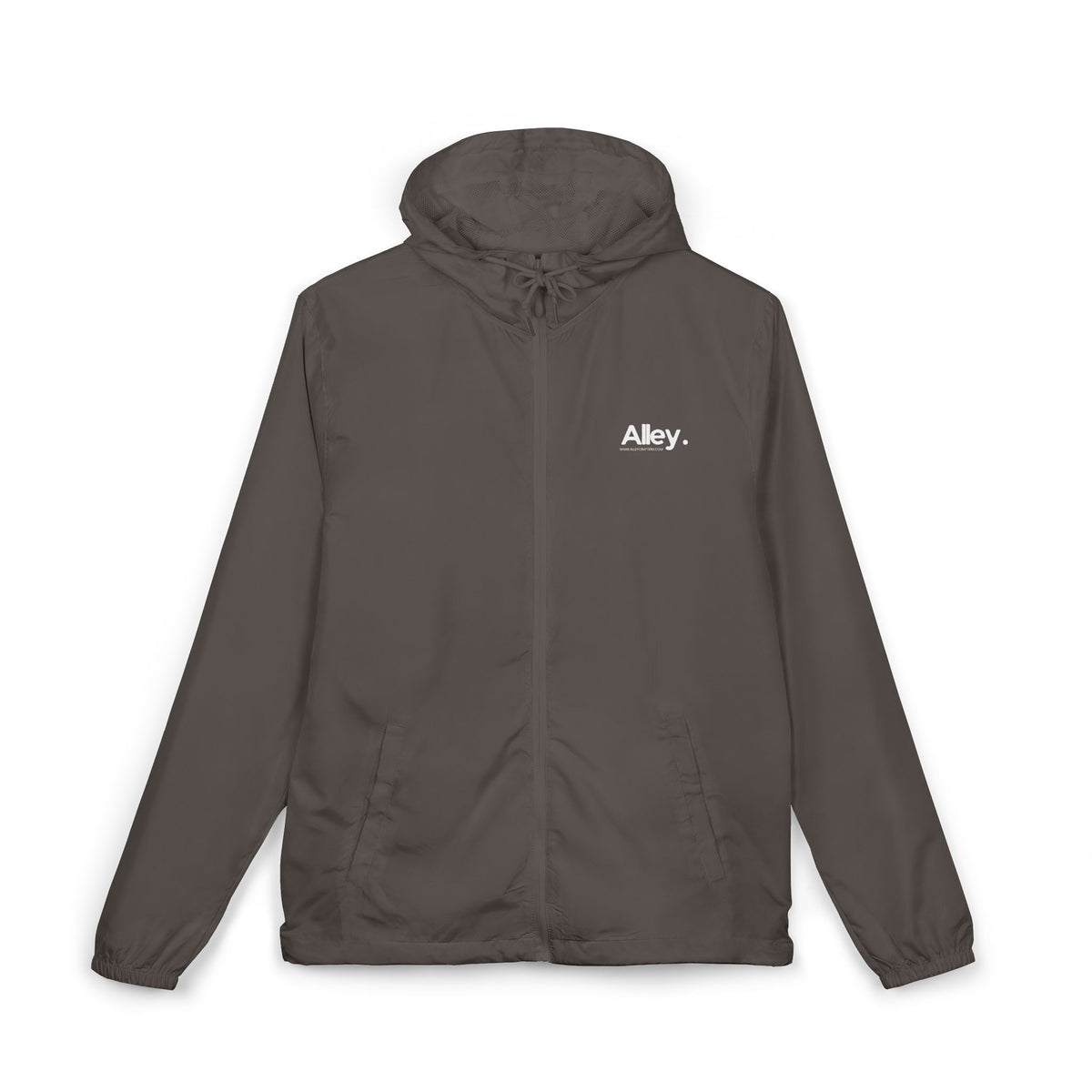 Lightweight hooded windbreaker jacket in dark gray, front zip, drawstring hood, chest logo.