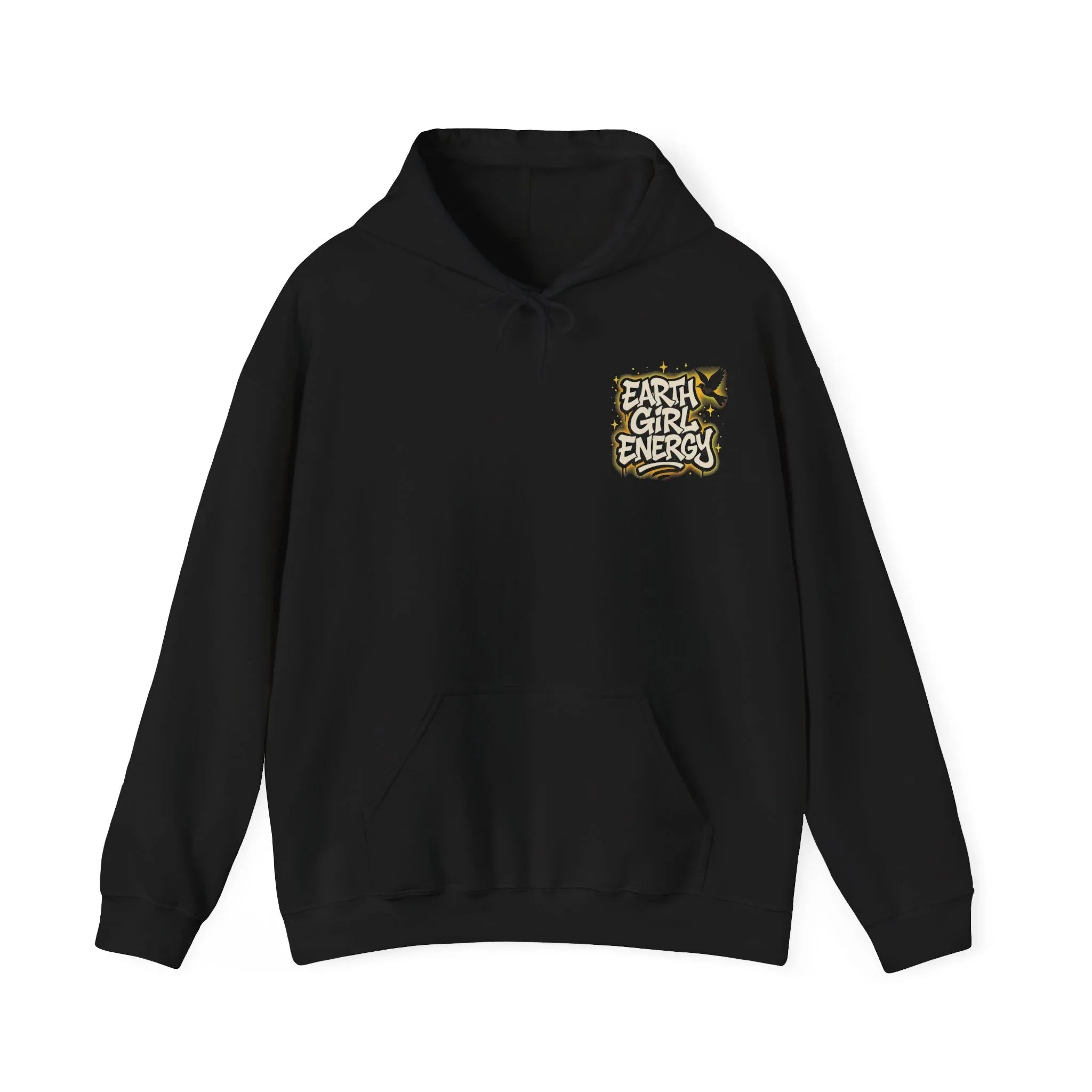 Black hoodie with drawstring hood and front pouch pocket, featuring "Earth Girl Energy" logo.