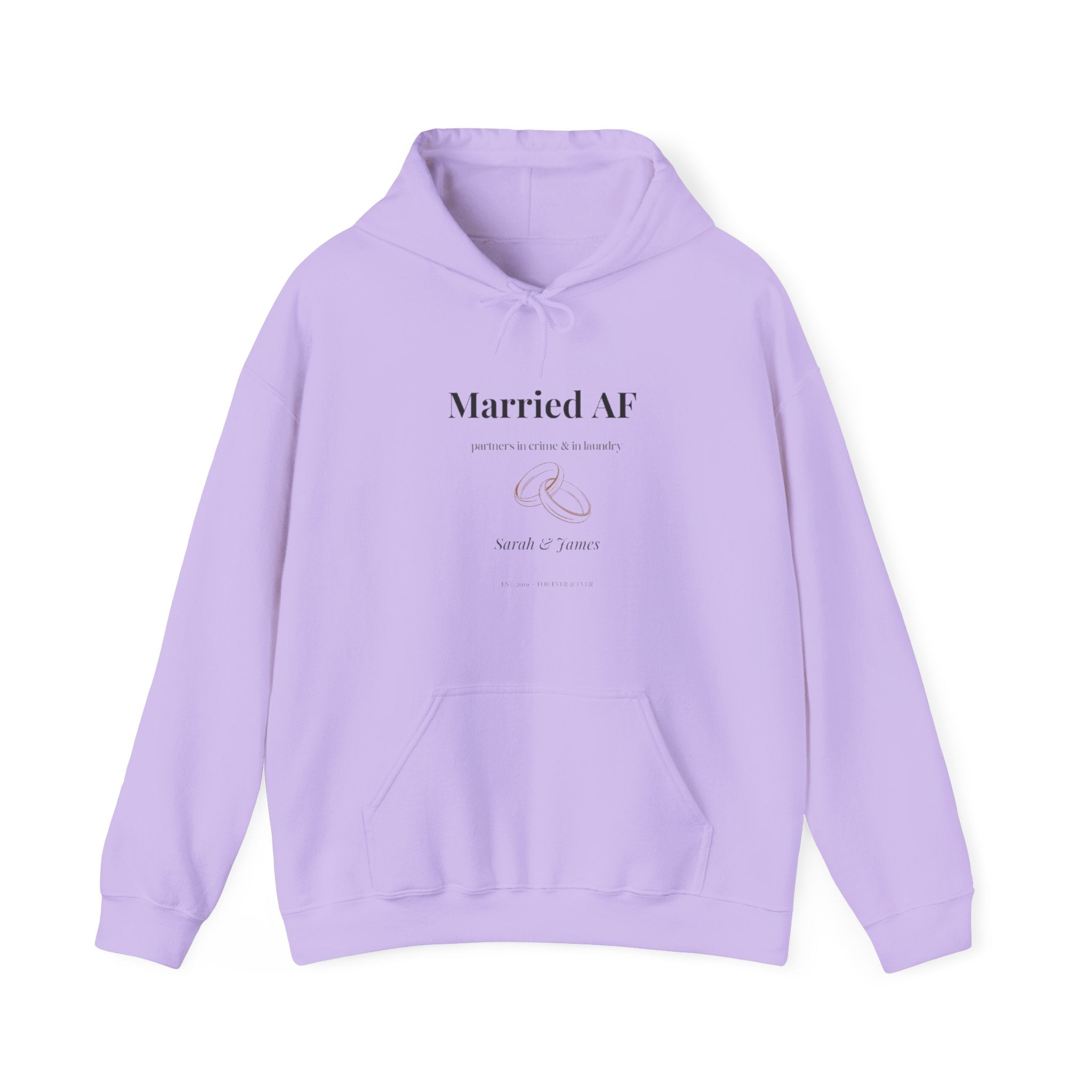 Orchid purple couples hoodie with drawstring hood, kangaroo pocket, "Married AF" print