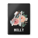Black wirobound A5 journal with floral initial and name NELLY on the cover