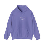 Violet hoodie with kangaroo pocket, drawstring hood, and “delulu VIBES” print