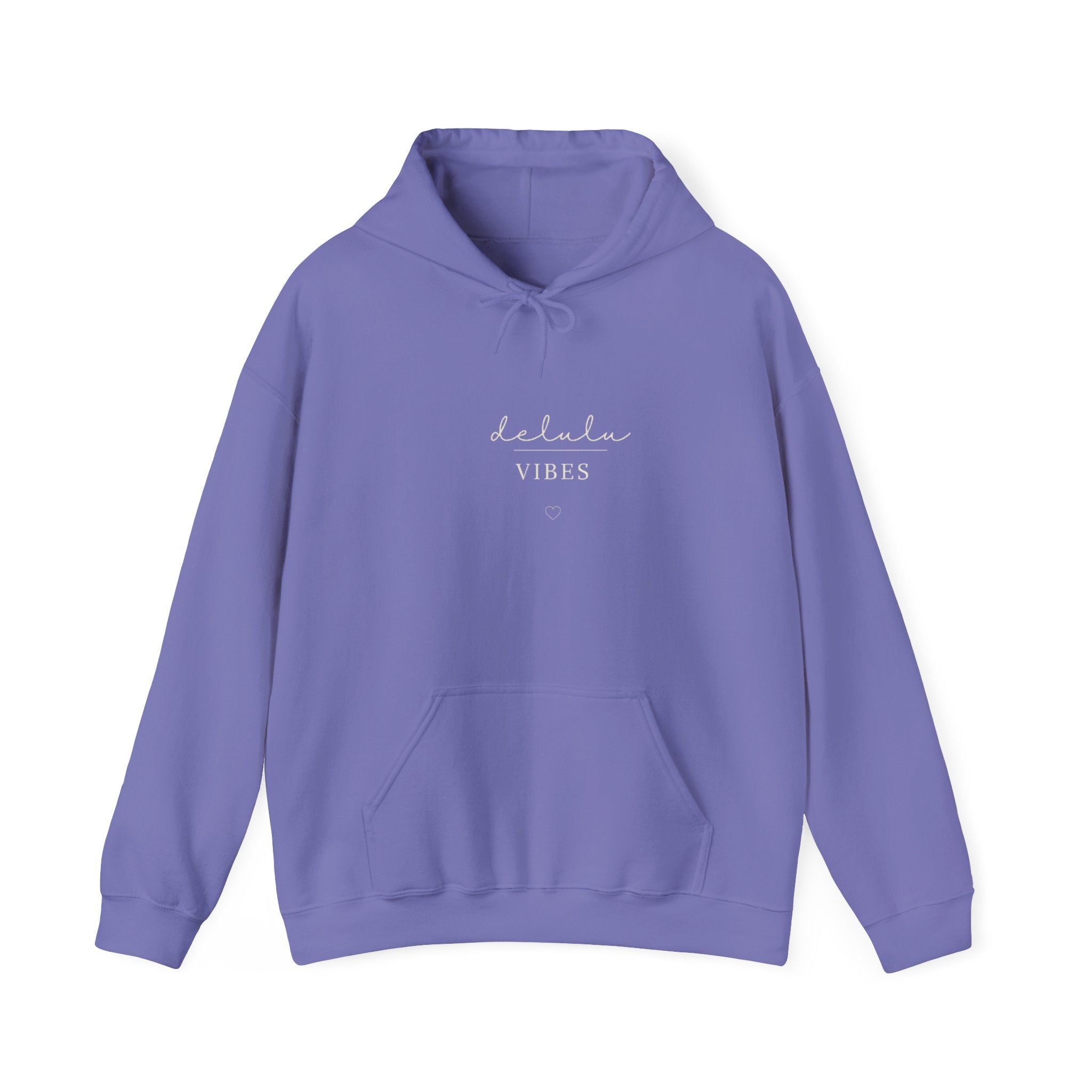 Violet hoodie with kangaroo pocket, drawstring hood, and “delulu VIBES” print