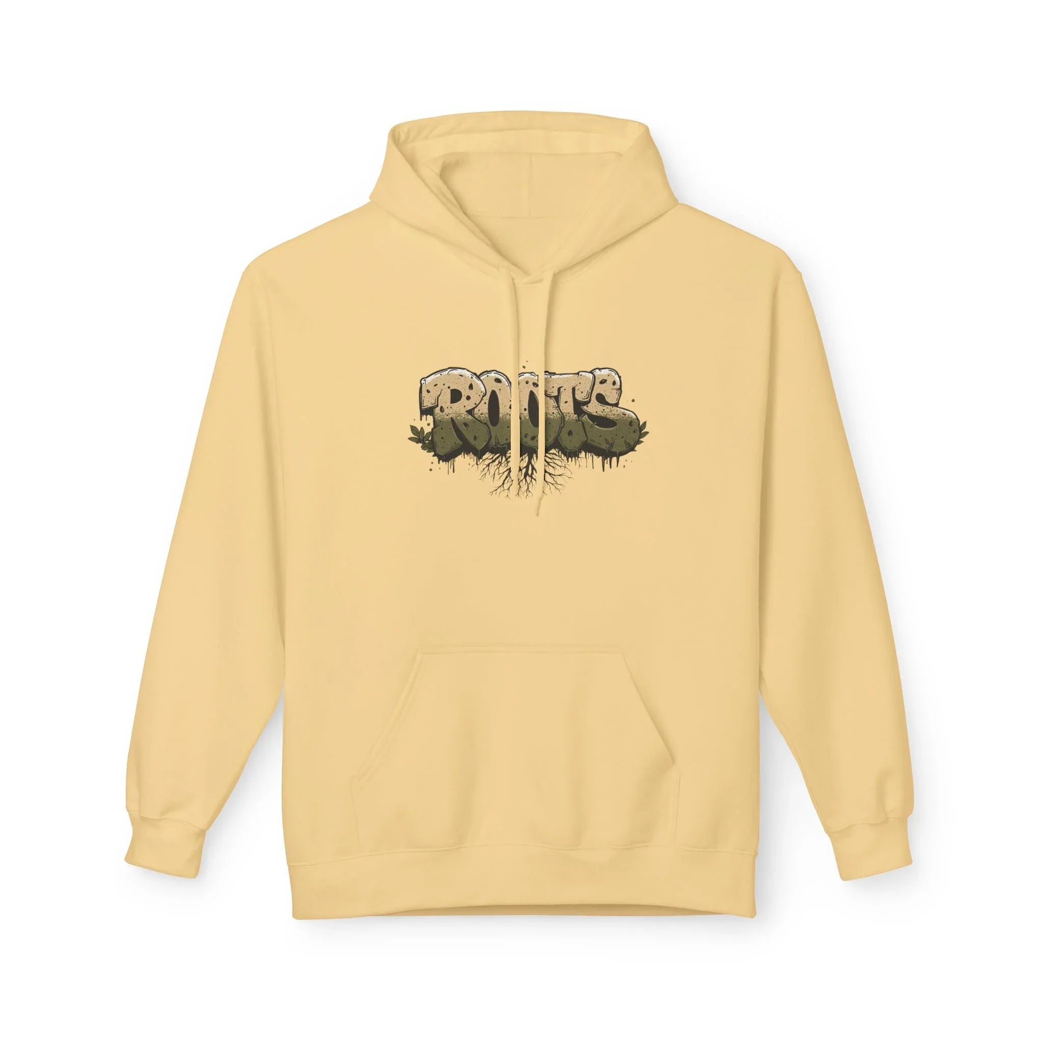 Yellow hoodie with drawstring hood, kangaroo pocket, and centered 'ROOTS' graphic.