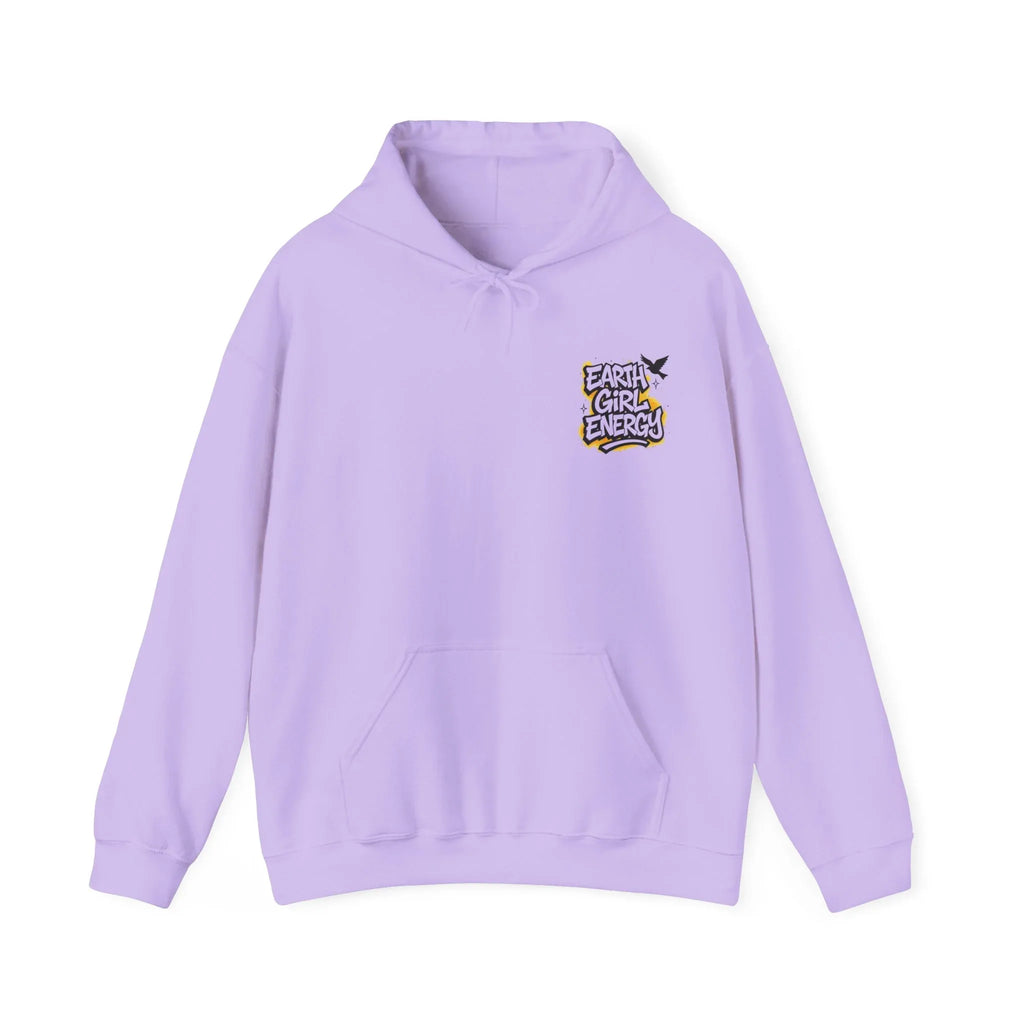 Purple hoodie with drawstring hood and front pouch pocket, featuring "Earth Girl Energy" logo.