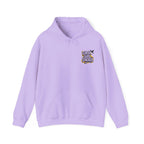 Purple hoodie with drawstring hood and front pouch pocket, featuring "Earth Girl Energy" logo.