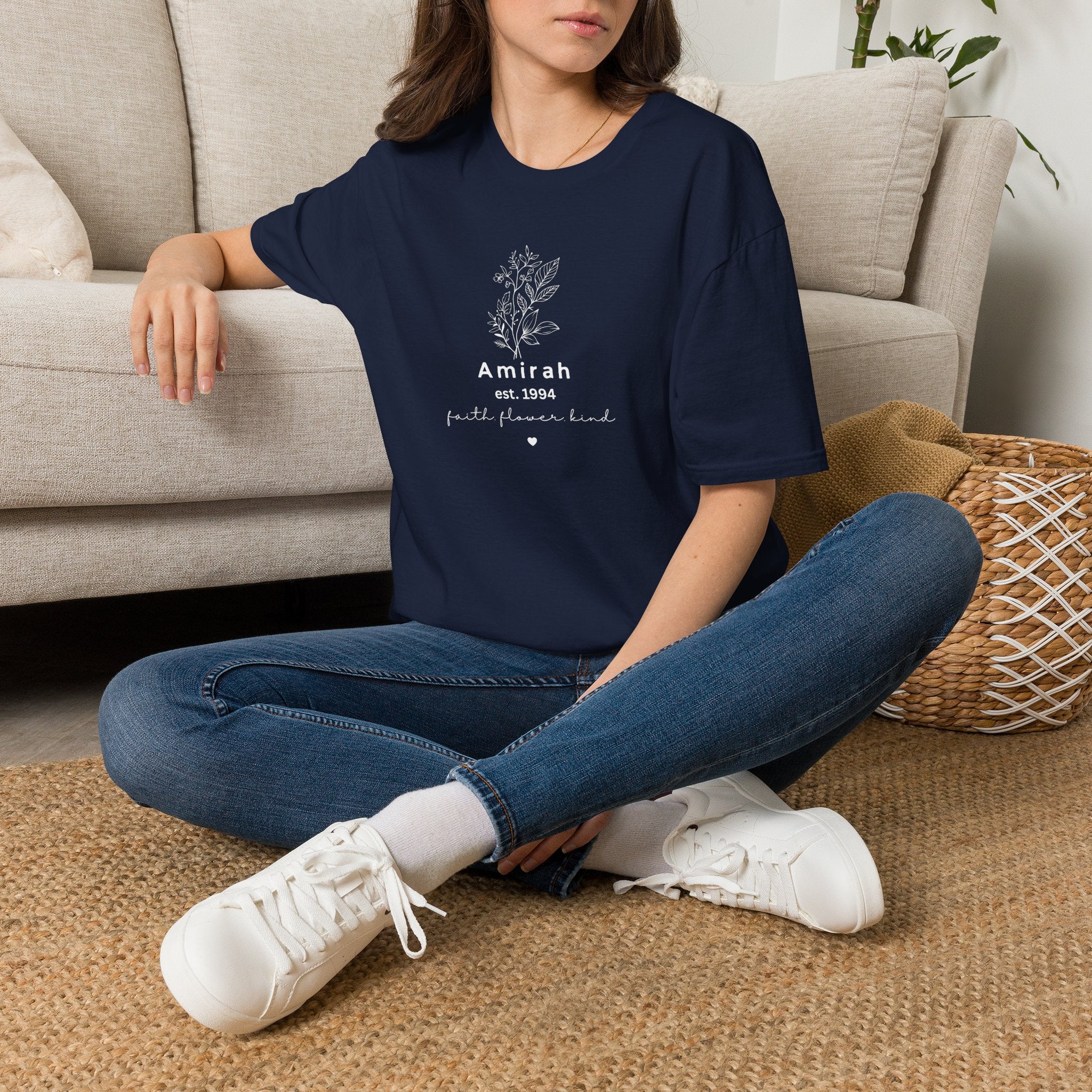 Personalized Floral Name T-Shirt — “Amirah est. 1994” Minimal Botanical Tee