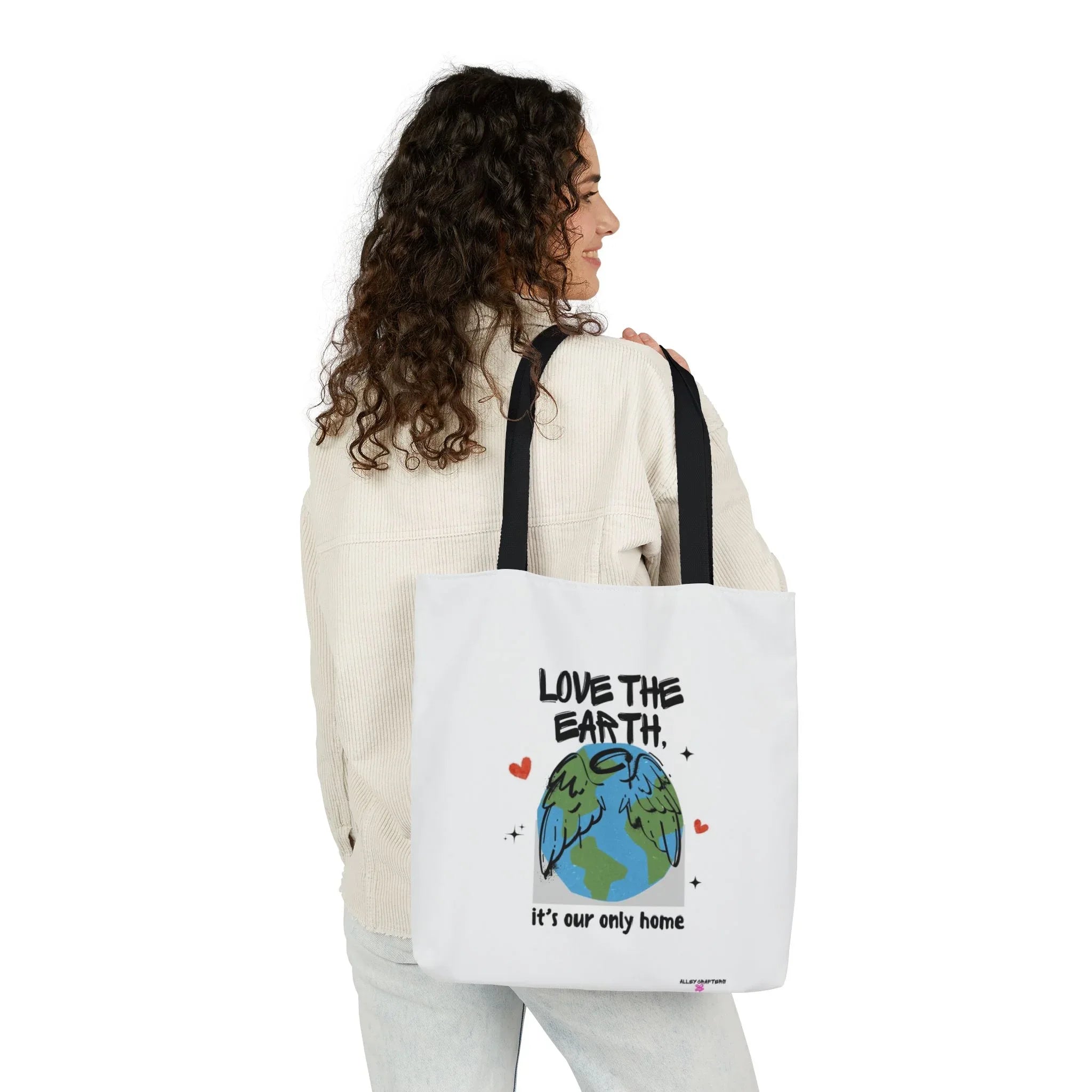 White canvas tote bag with Earth graphic and text Love the Earth, it’s our only home