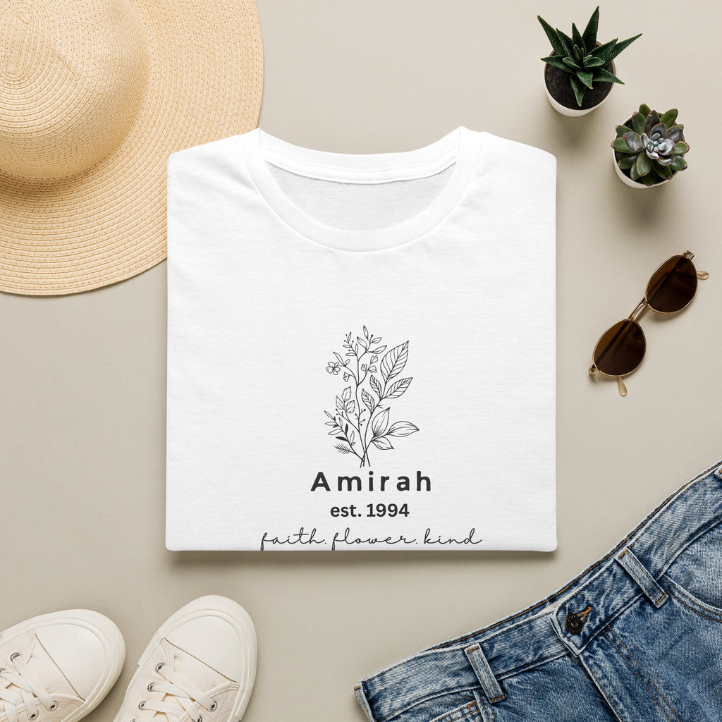 Personalized Floral Name T-Shirt — “Amirah est. 1994” Minimal Botanical Tee