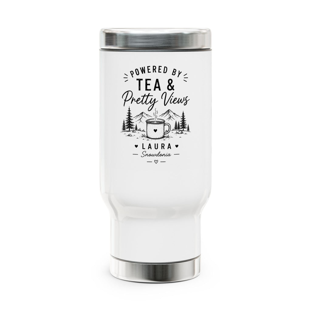 Travel Mug - "Powered by Tea & Pretty Views" Stainless Steel 14oz