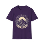 Purple short-sleeve T-shirt with mountain sunrise “RISE ABOVE” graphic