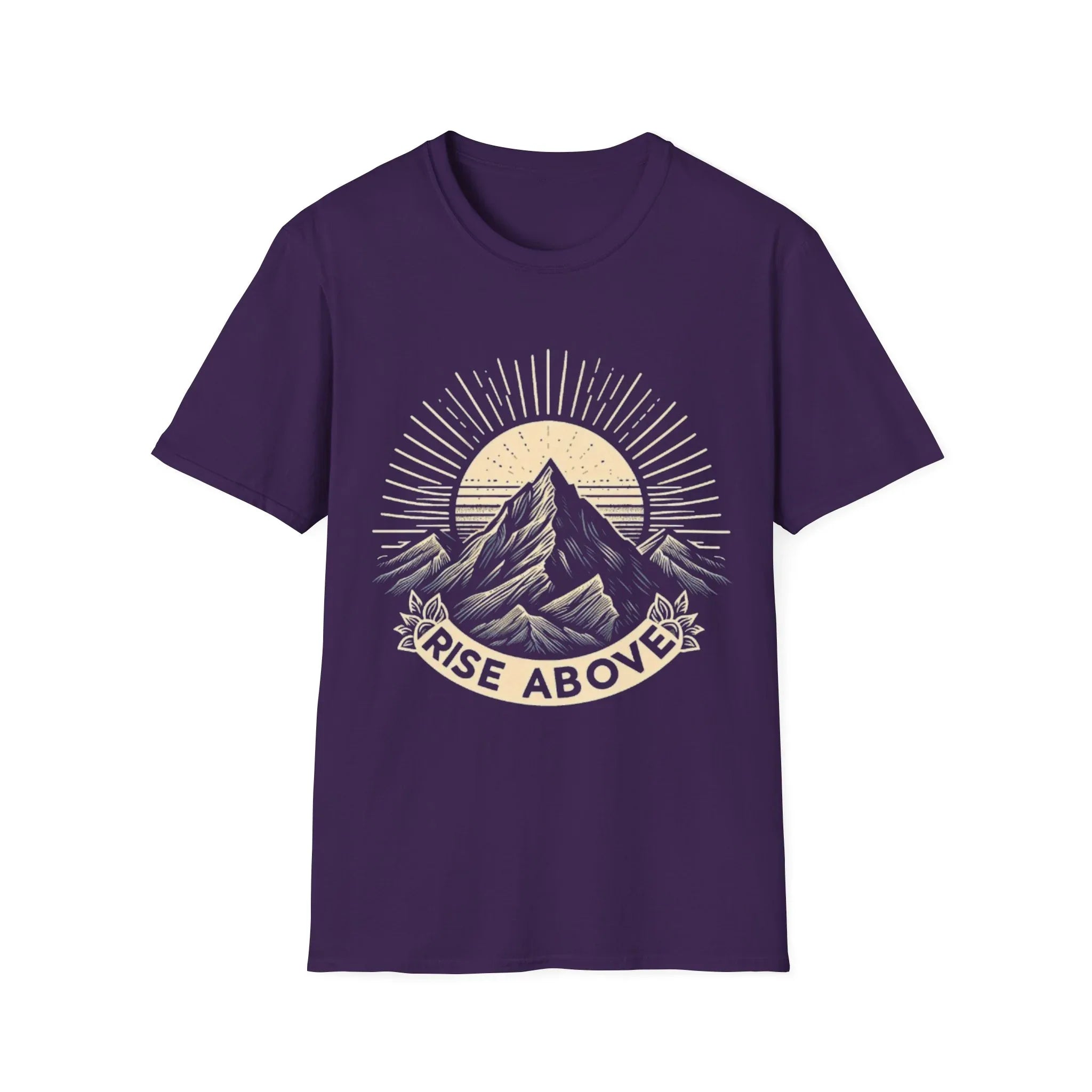 Purple short-sleeve T-shirt with mountain sunrise “RISE ABOVE” graphic