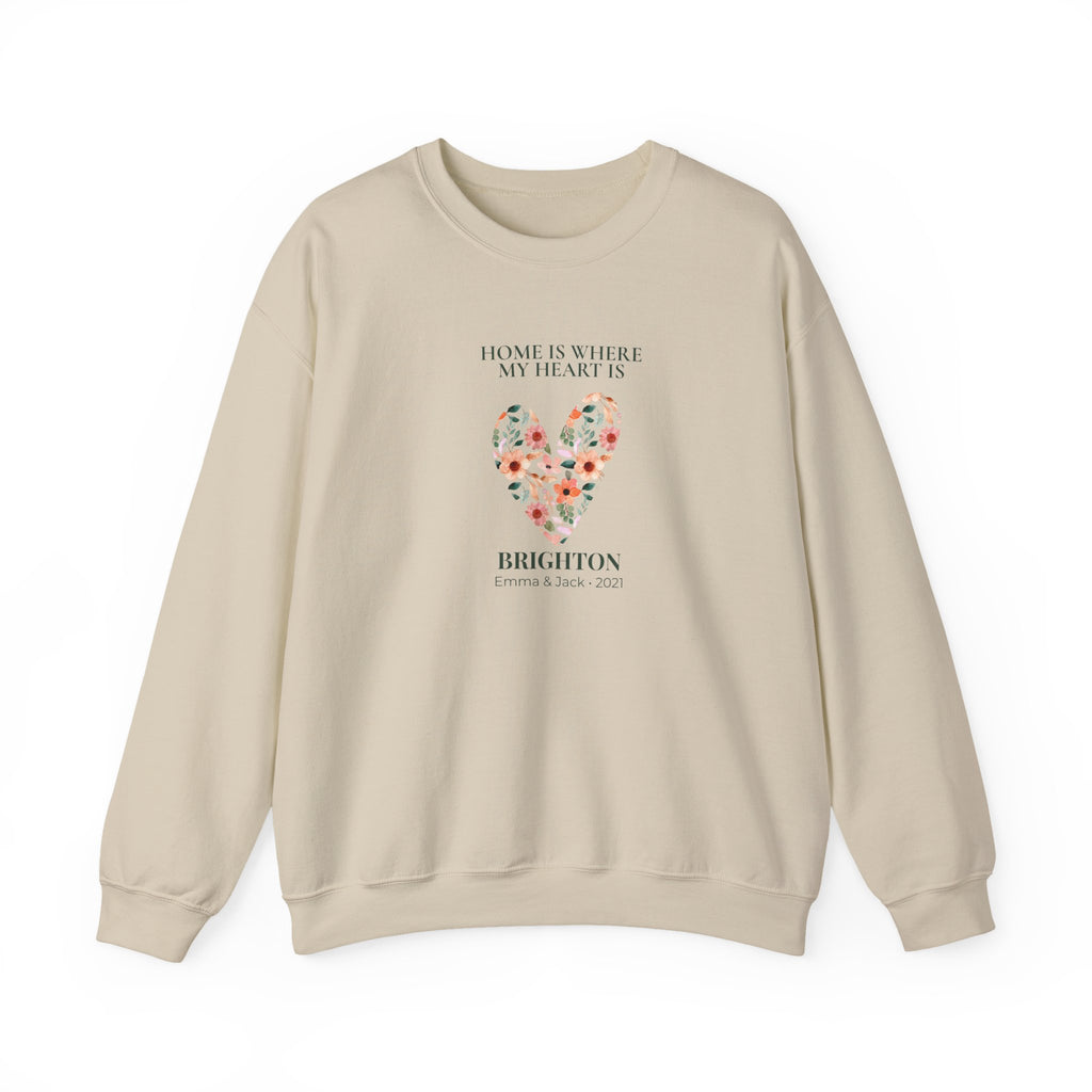 Sand personalised sweatshirt with floral heart graphic and location text on chest