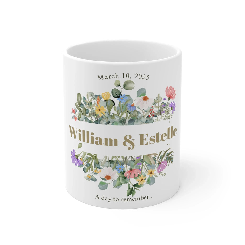 White mug with floral design, 'William & Estelle' and 'March 10, 2025'