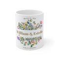 White mug with floral design, 'William & Estelle' and 'March 10, 2025'