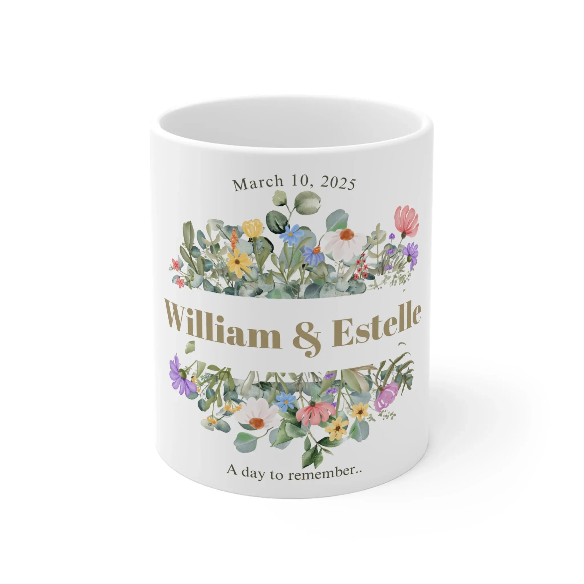 White mug with floral design, 'William & Estelle' and 'March 10, 2025'