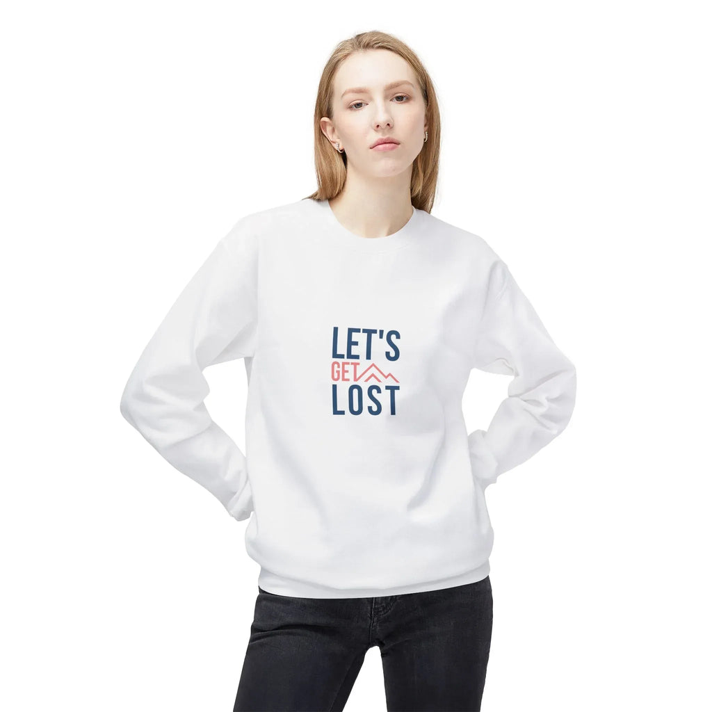 White crewneck sweatshirt with 'LET'S GET LOST' graphic, worn by model