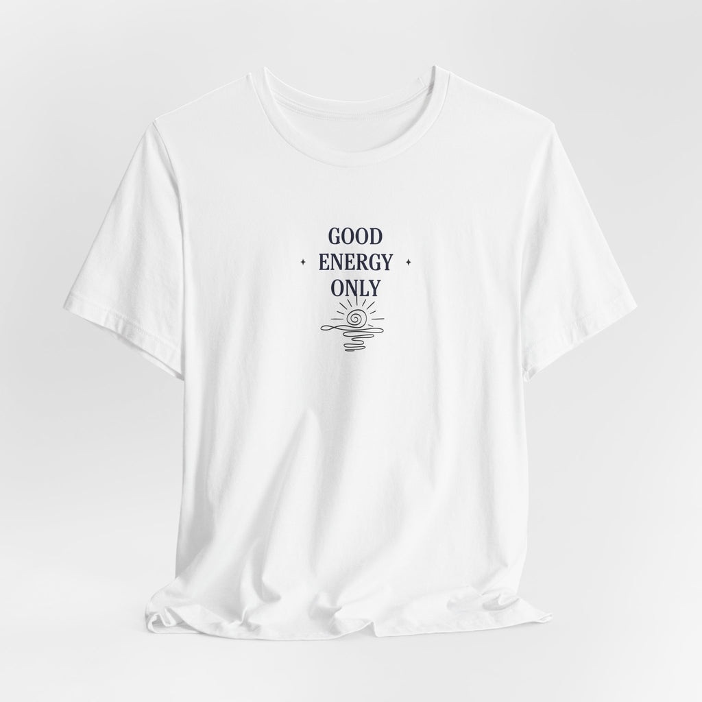White T-shirt with crew neck and 'Good Energy Only' sun graphic on chest