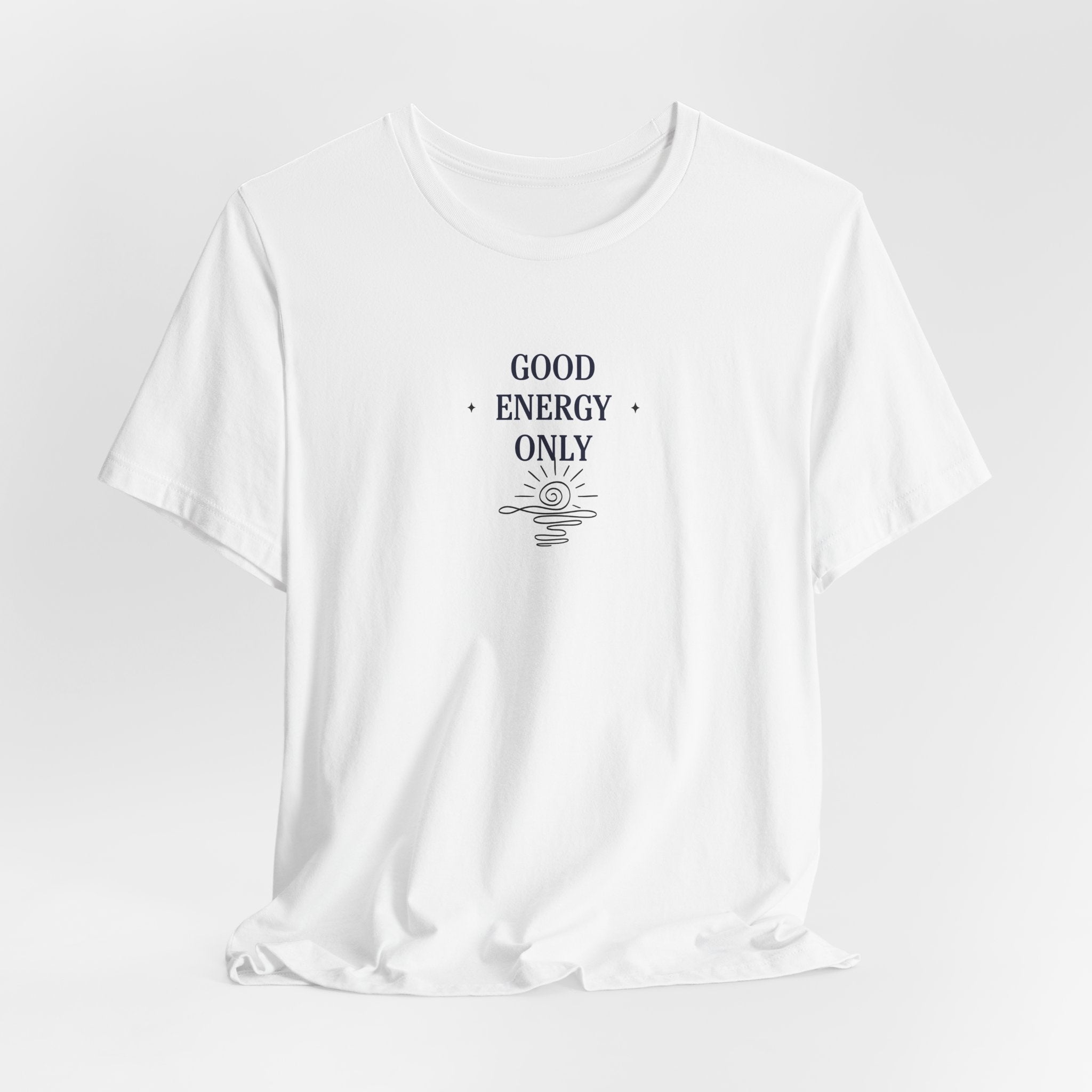 White T-shirt with crew neck and 'Good Energy Only' sun graphic on chest