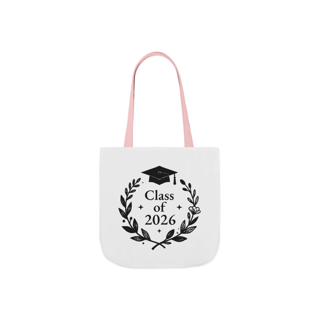 White tote bag with light pink handles and Class of 2026 wreath graduation cap print