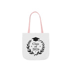 White tote bag with light pink handles and Class of 2026 wreath graduation cap print