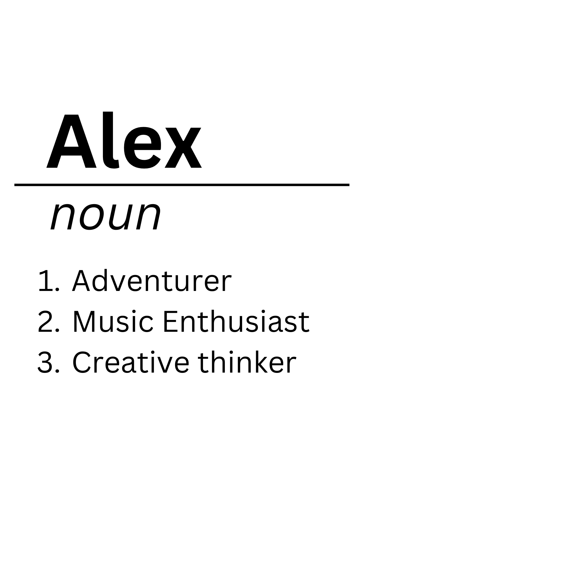 Alex noun mug text: 1 Adventurer, 2 Music Enthusiast, 3 Creative thinker