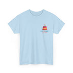 Light blue birthday cake graphic T-shirt with small “Birthday Mum” print