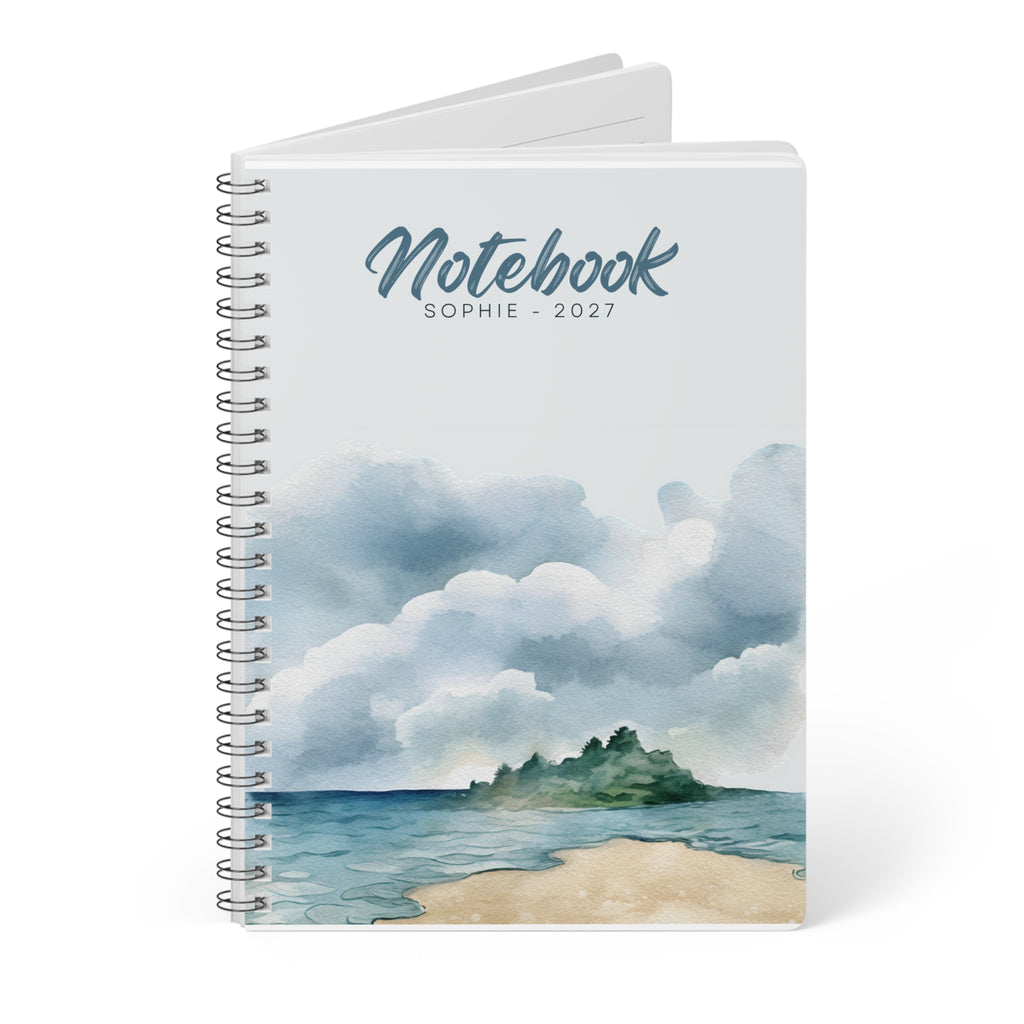 Personalised Coastal Watercolour A5 Notebook — Seaside Beach Wirobound Journal
