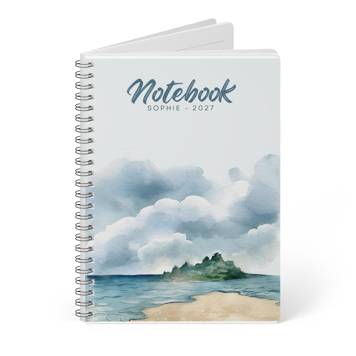 Personalised Coastal Watercolour A5 Notebook — Seaside Beach Wirobound Journal