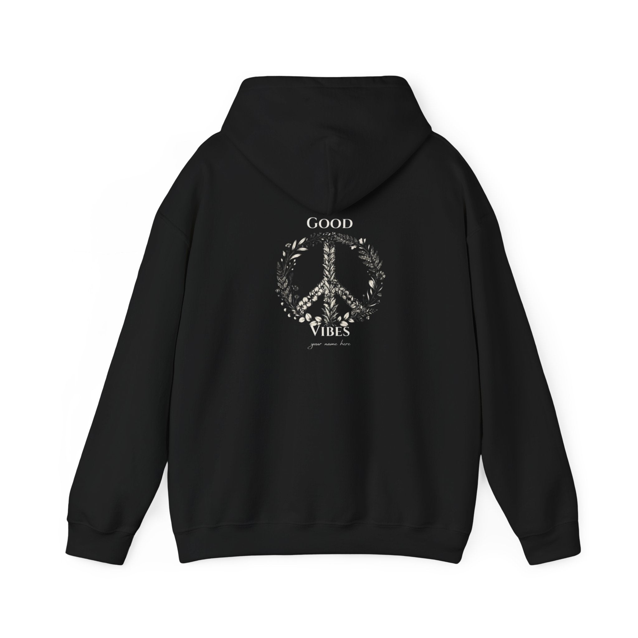 Black unisex hoodie with "GOOD VIBES" wreath logo on the chest and hood.
