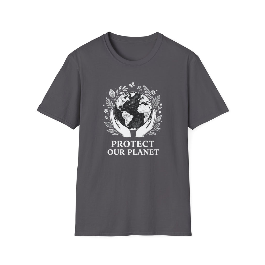 Charcoal crewneck T-shirt with white globe and leaf “Protect Our Planet” print