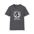 Charcoal crewneck T-shirt with white globe and leaf “Protect Our Planet” print