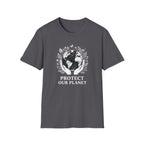Charcoal crewneck T-shirt with white globe and leaf “Protect Our Planet” print