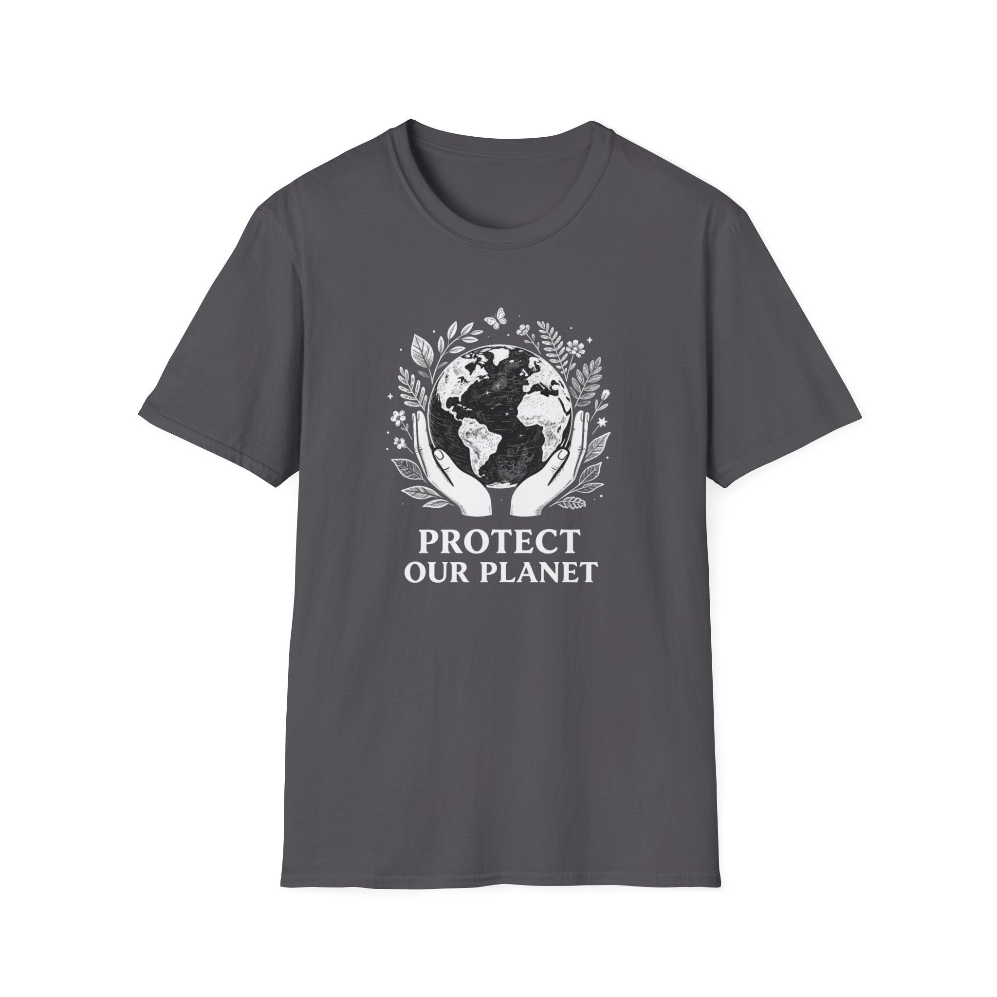 Charcoal crewneck T-shirt with white globe and leaf “Protect Our Planet” print