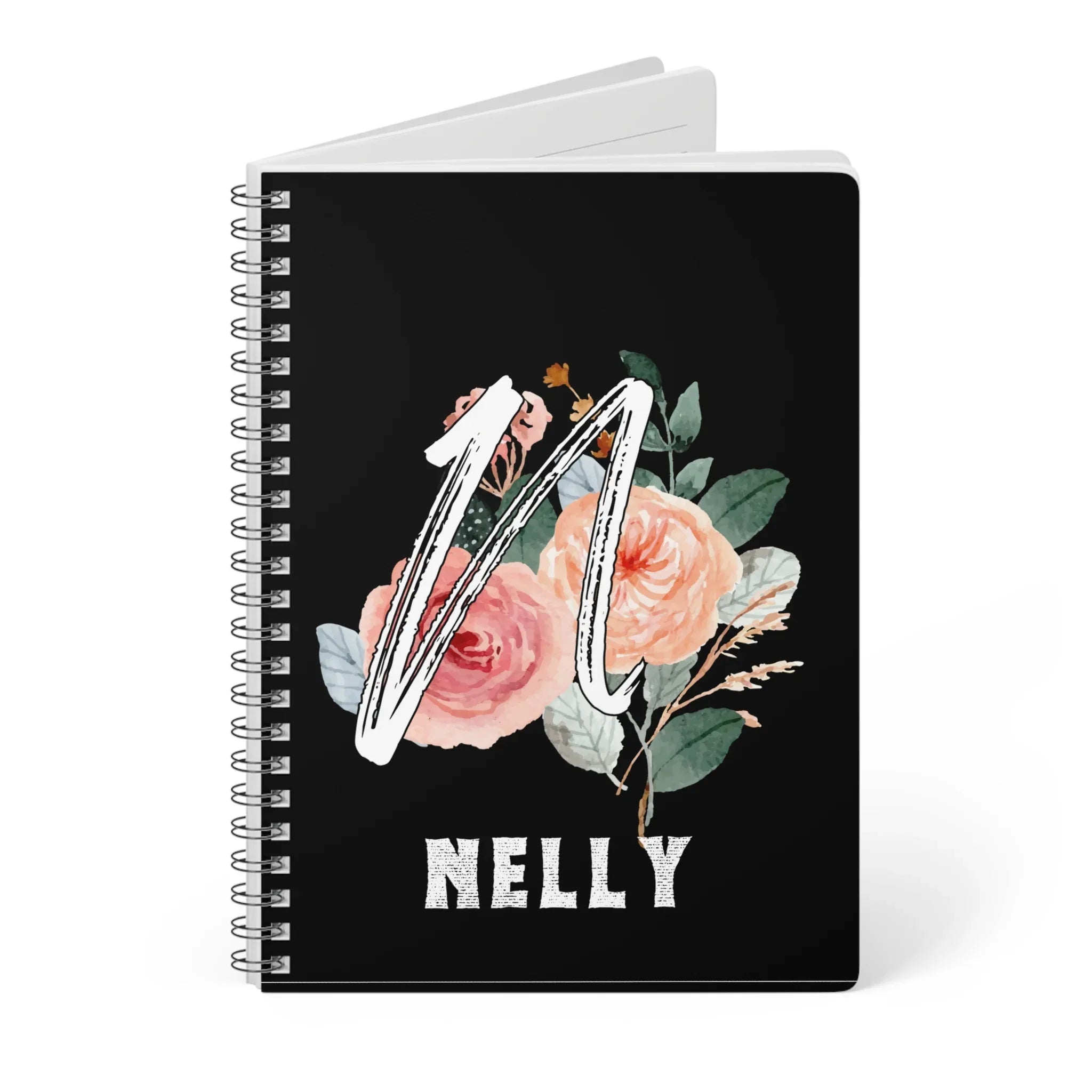Black wirobound A5 journal with floral initial and name NELLY on the cover