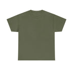 Olive green heavy cotton T-shirt with crew neck and short sleeves, unisex fit.
